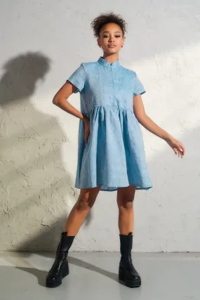 Blue Melange Linen Shirt Dress