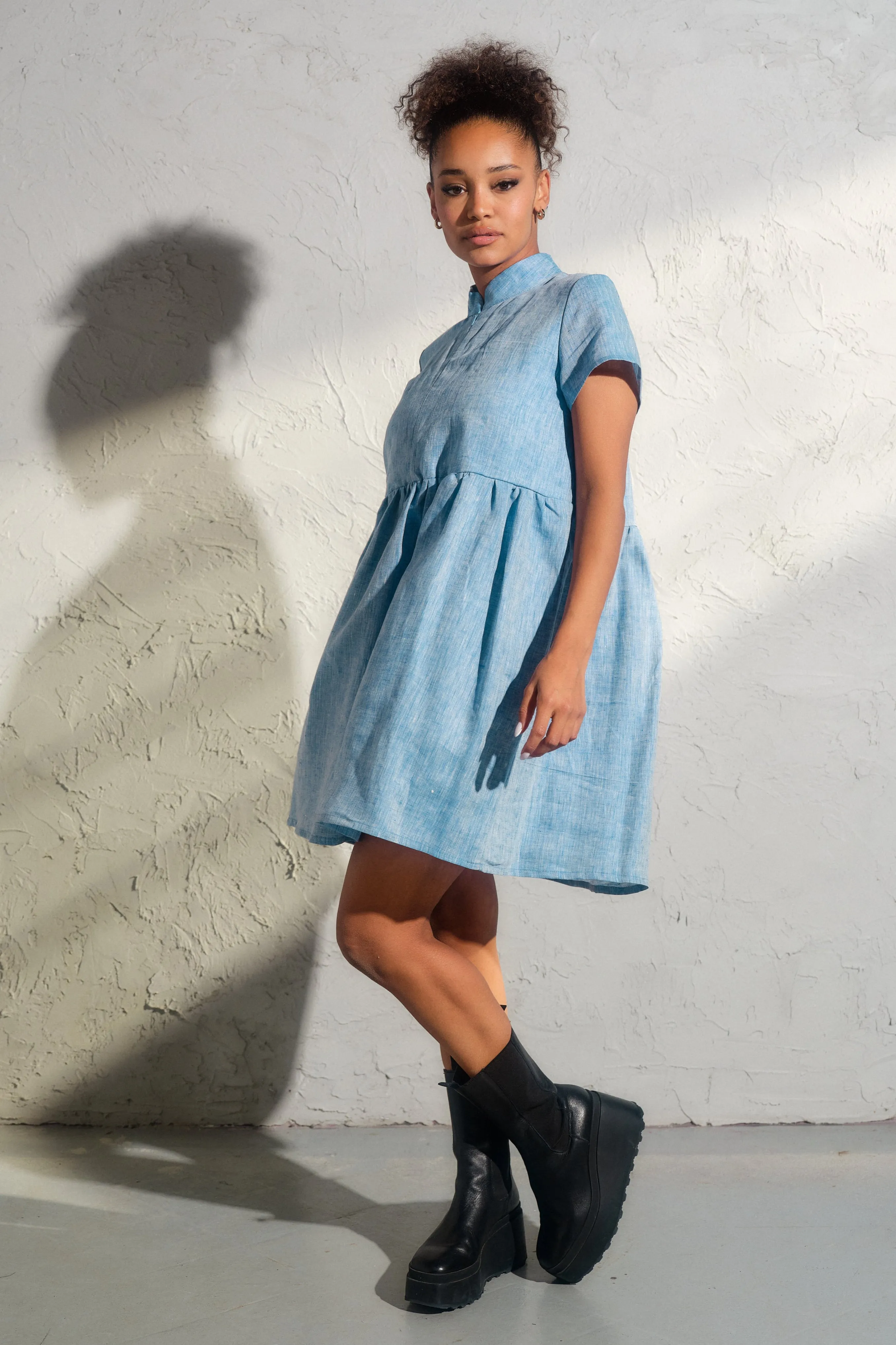 Blue Melange Linen Shirt Dress