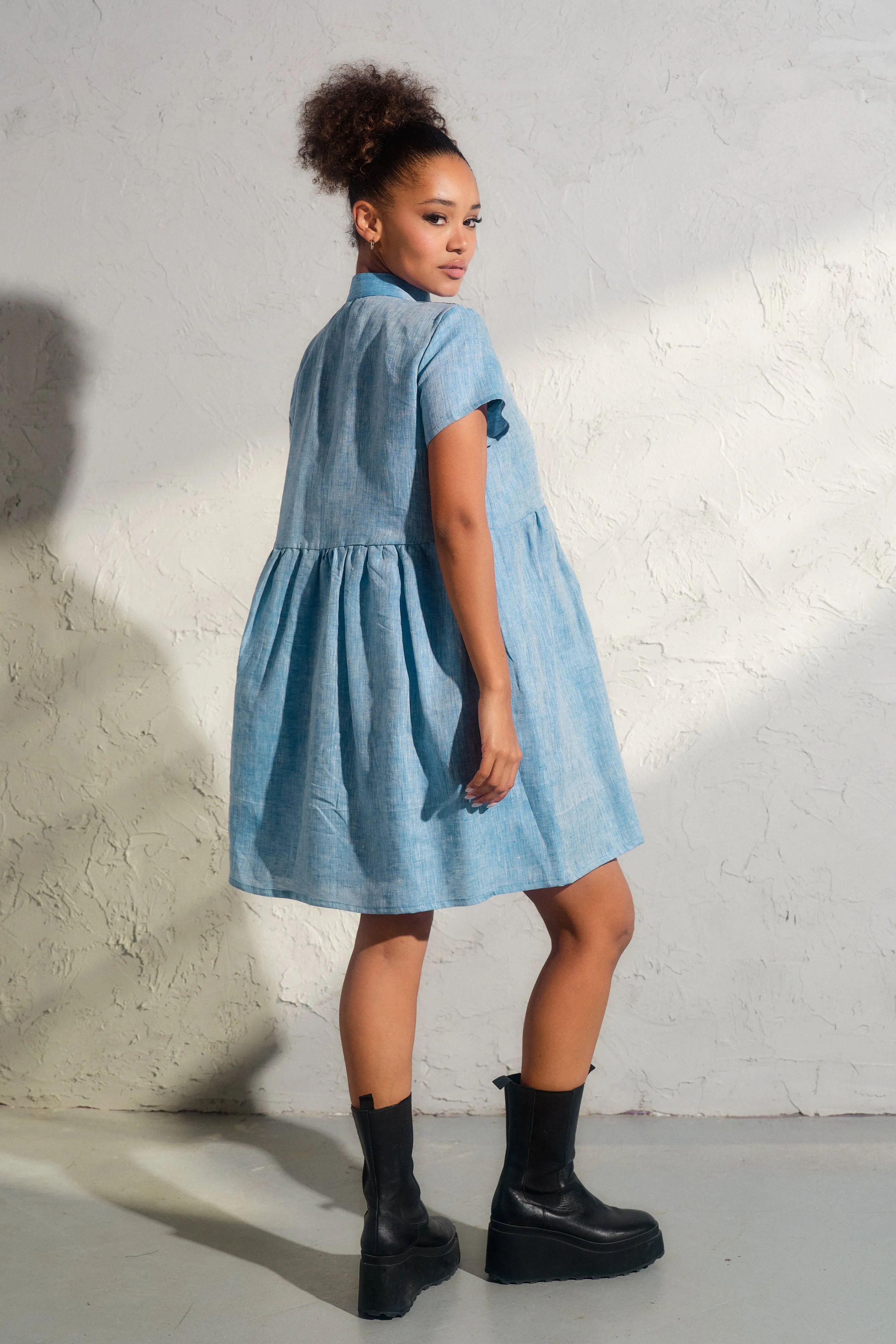 Blue Melange Linen Shirt Dress
