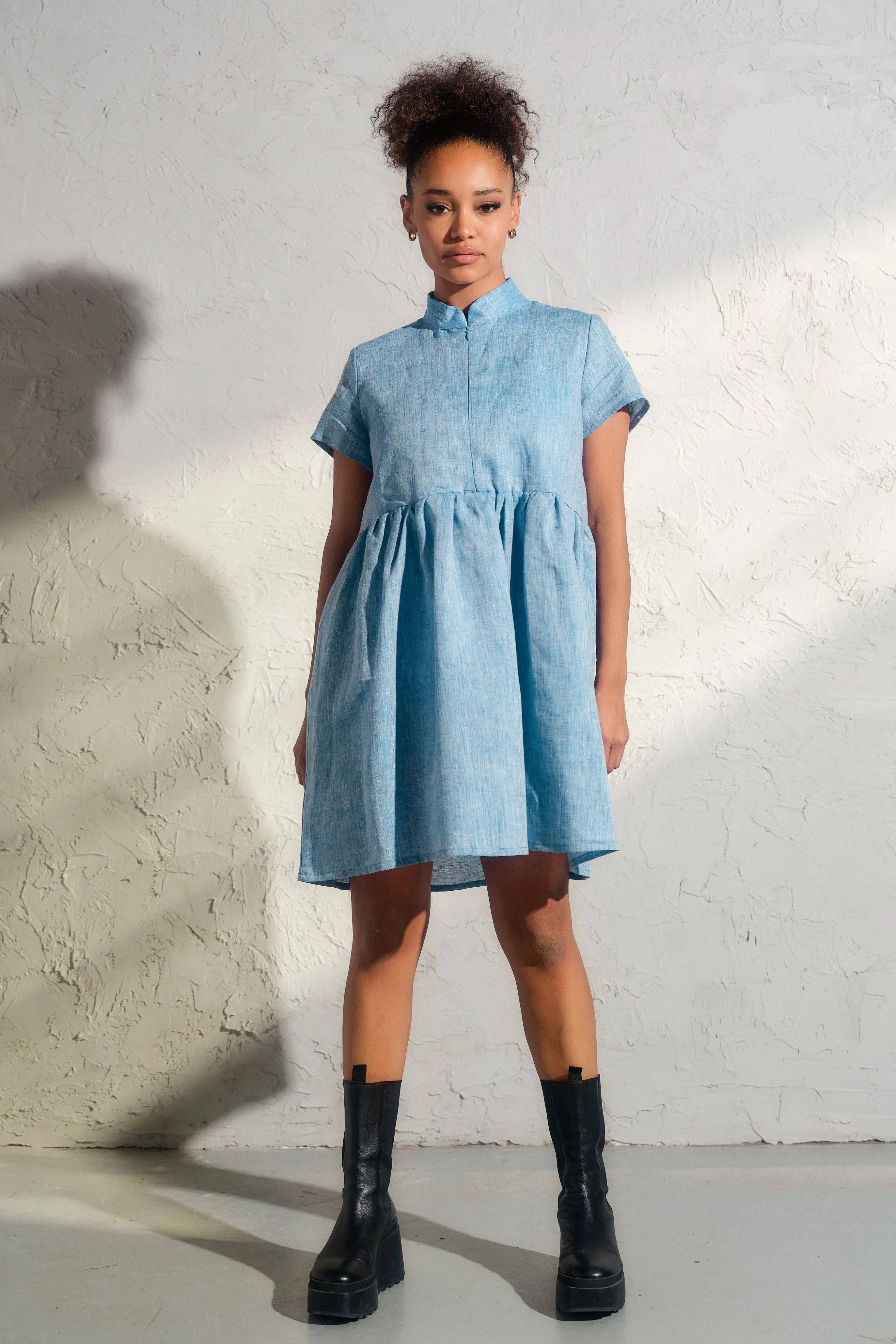 Blue Melange Linen Shirt Dress