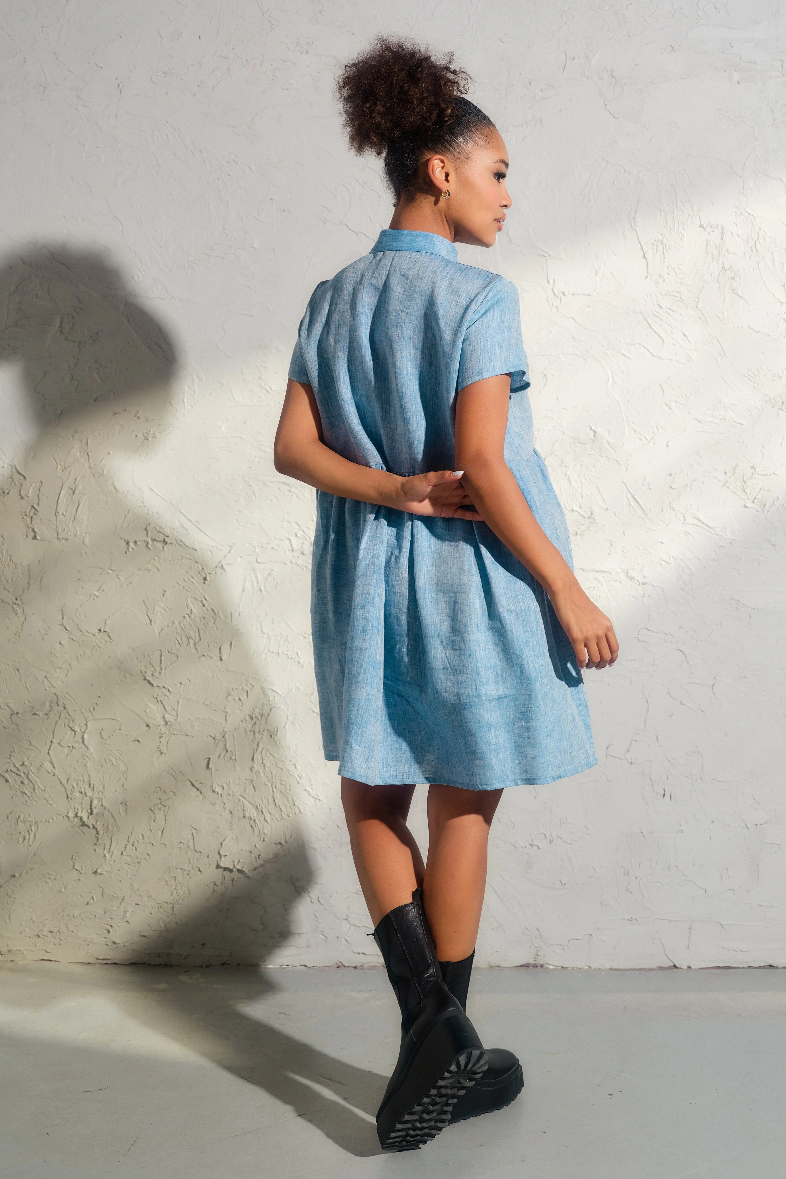 Blue Melange Linen Shirt Dress