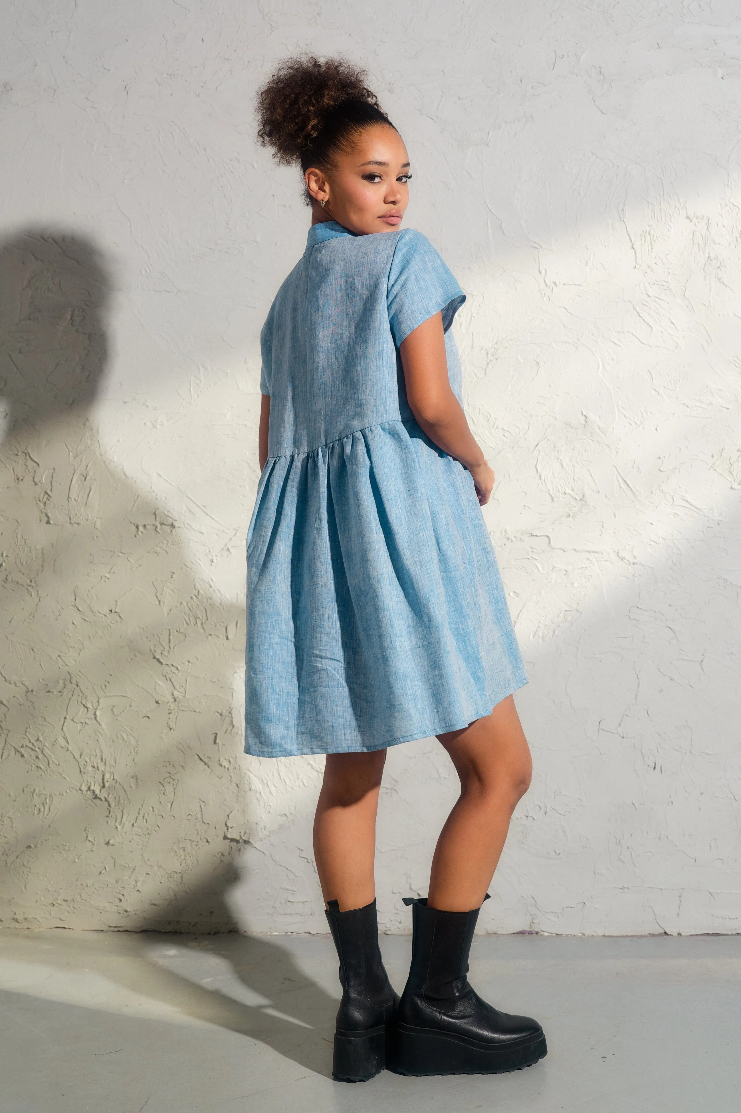 Blue Melange Linen Shirt Dress