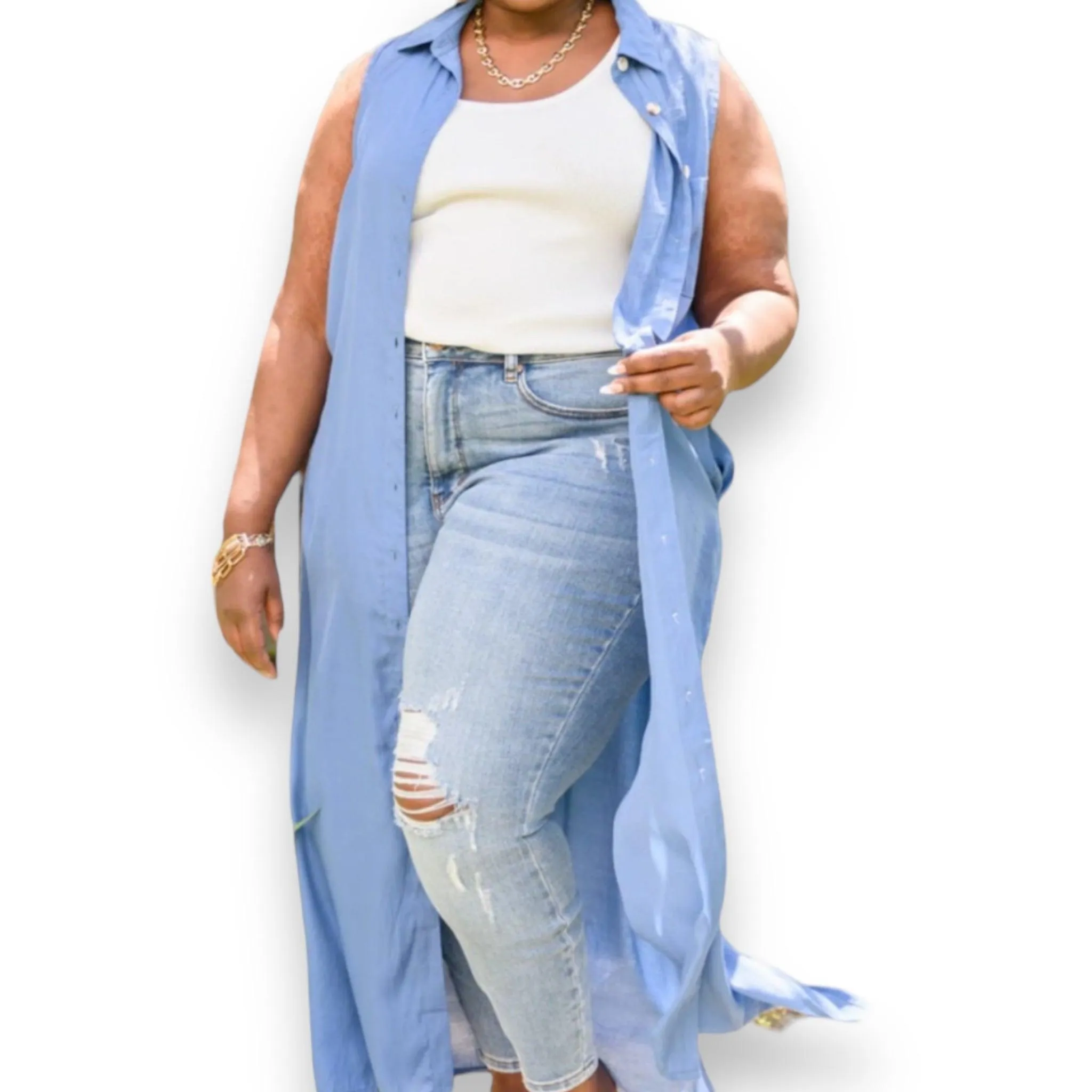Blue Sleeveless Button Down Knee Length Tunic Top