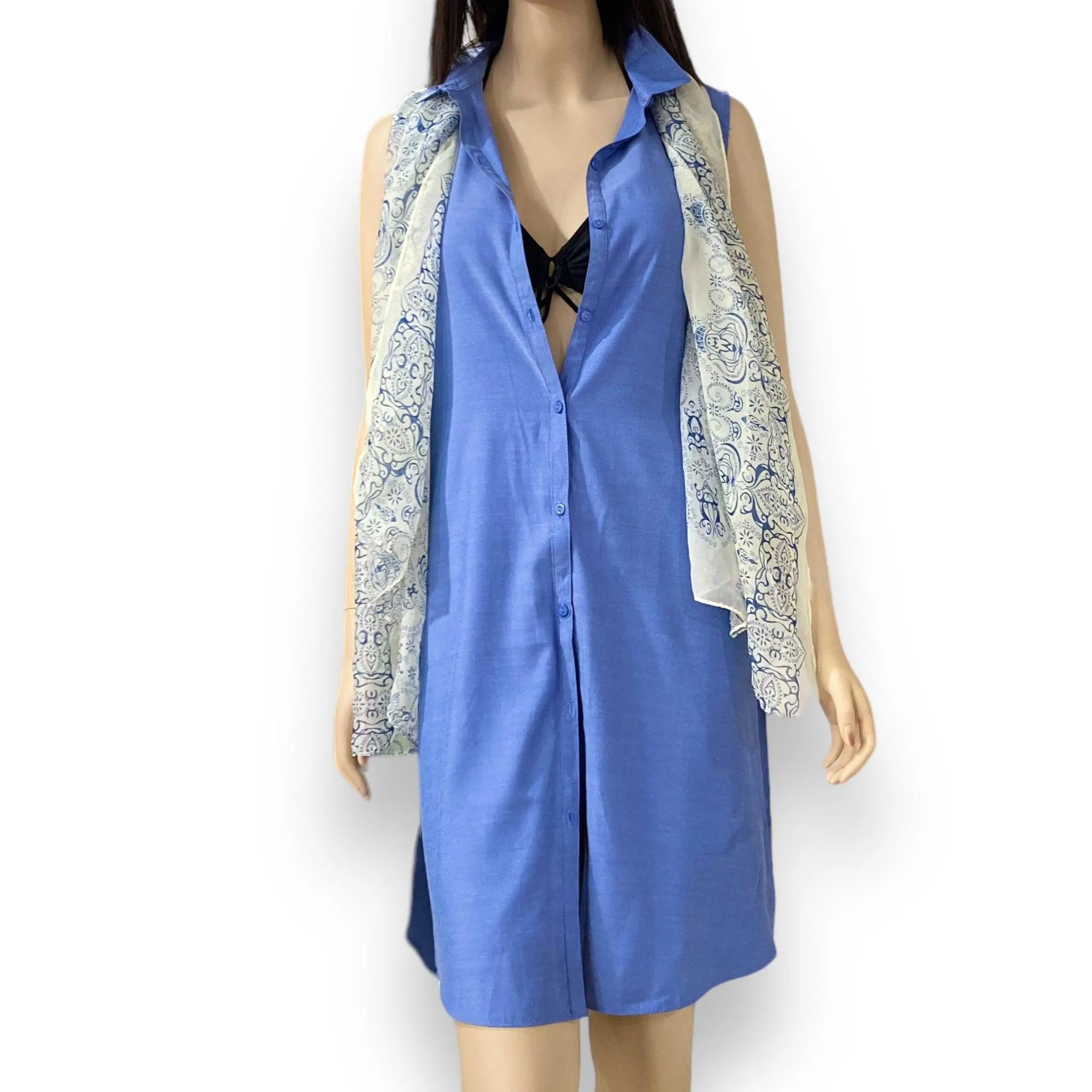 Blue Sleeveless Button Down Knee Length Tunic Top
