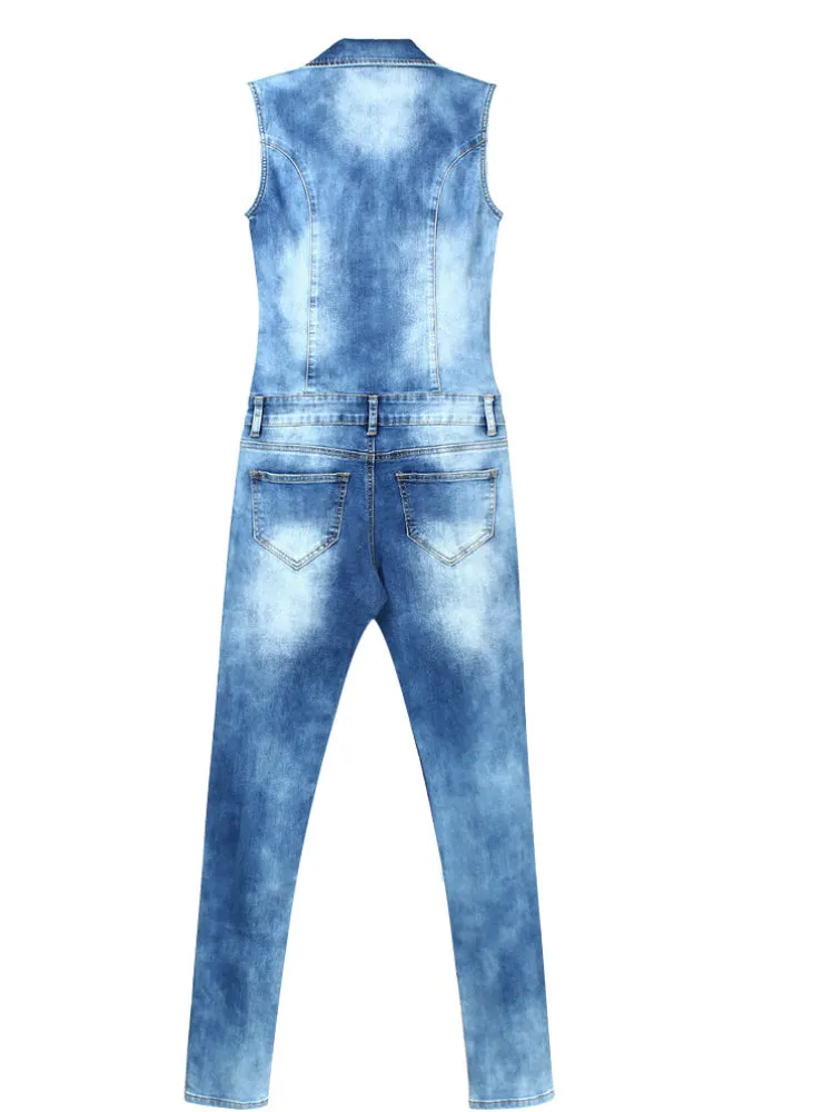 Blue Stretch Denim Skinny Slim Fit Pants Jumpsuit