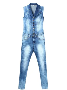 Blue Stretch Denim Skinny Slim Fit Pants Jumpsuit