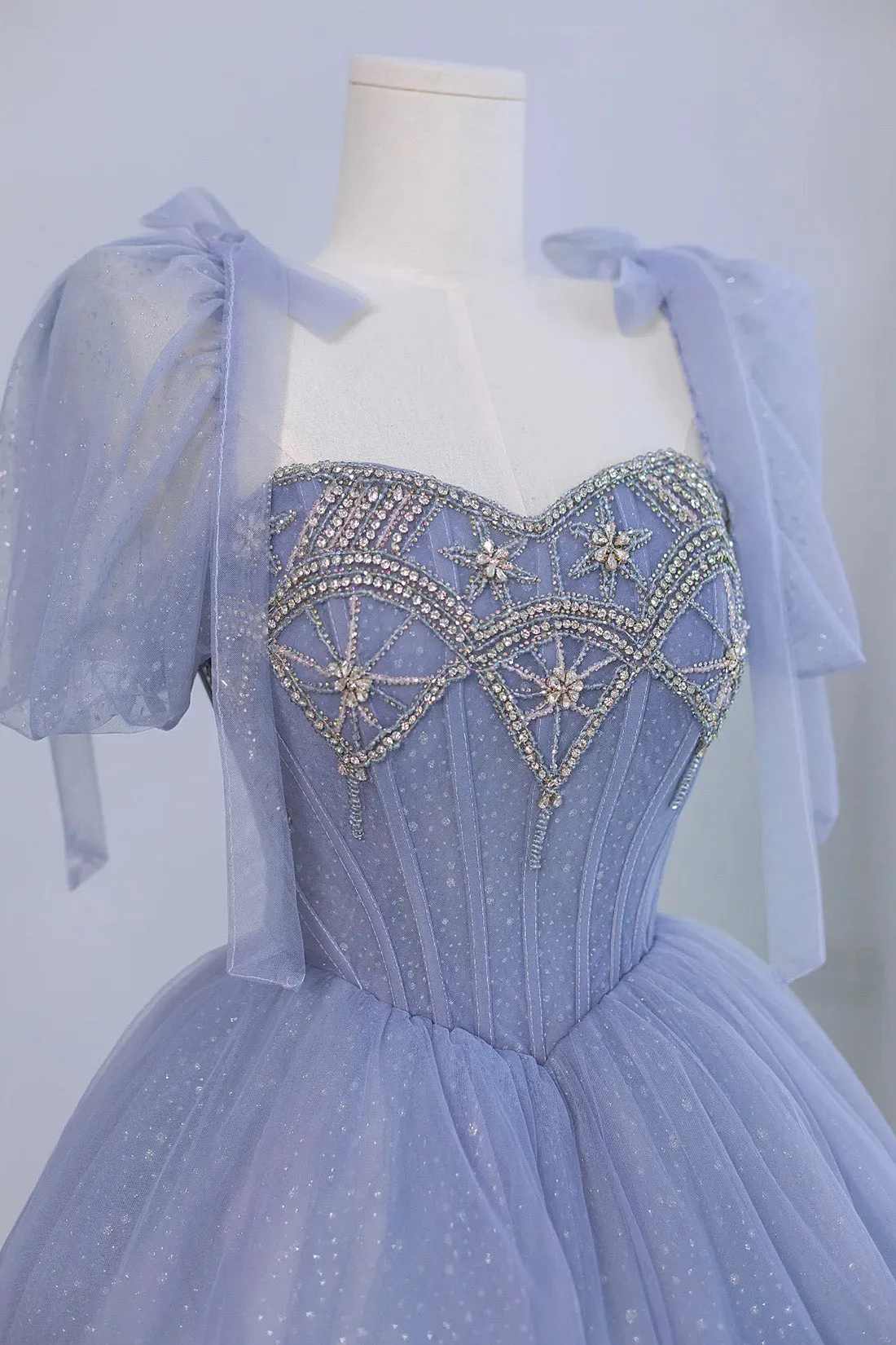Blue Tulle Beaded Long Prom Dress, Beautiful A-line Blue Evening Party Dress