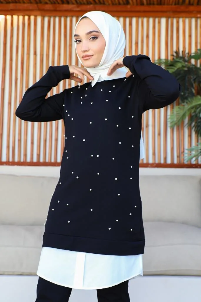 BNG Women Shirt Collar Pearl Set Black - Clermont