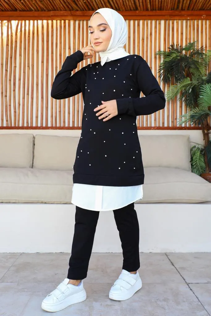 BNG Women Shirt Collar Pearl Set Black - Clermont