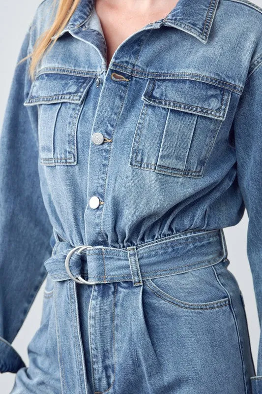 Bohemian Belted Collared Button Front Denim Workwear Jumpsuit