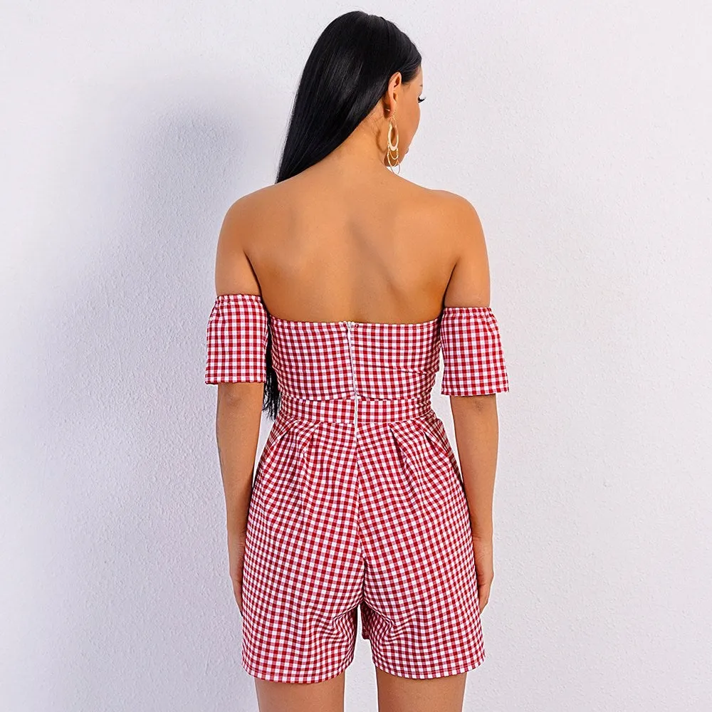 Bow plaid wrapped chest open back high waist jumpsuit