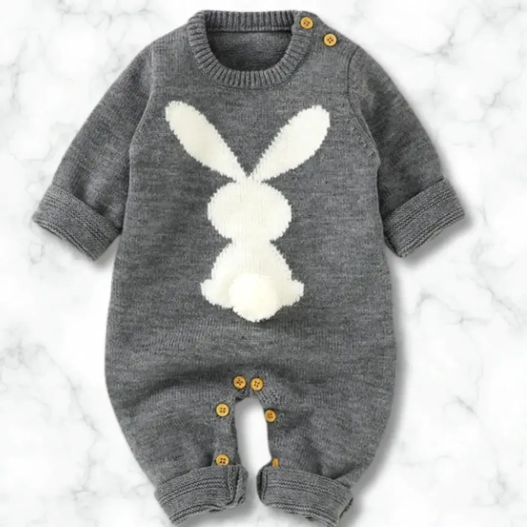 Bunny Hugs Baby Romper 🐰 Cozy Knit One-Piece with Adorable Cotton Tail (0-18M)