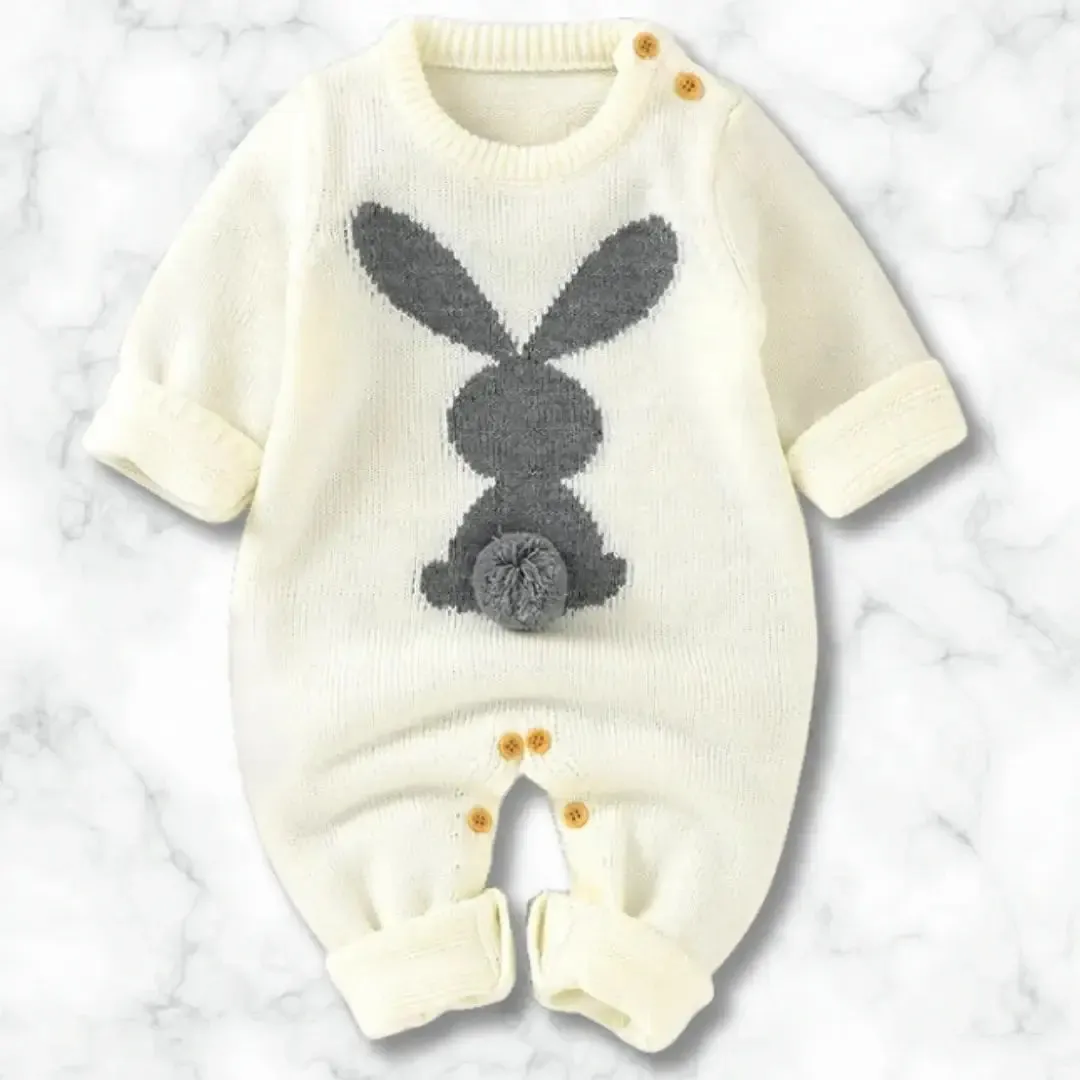 Bunny Hugs Baby Romper 🐰 Cozy Knit One-Piece with Adorable Cotton Tail (0-18M)
