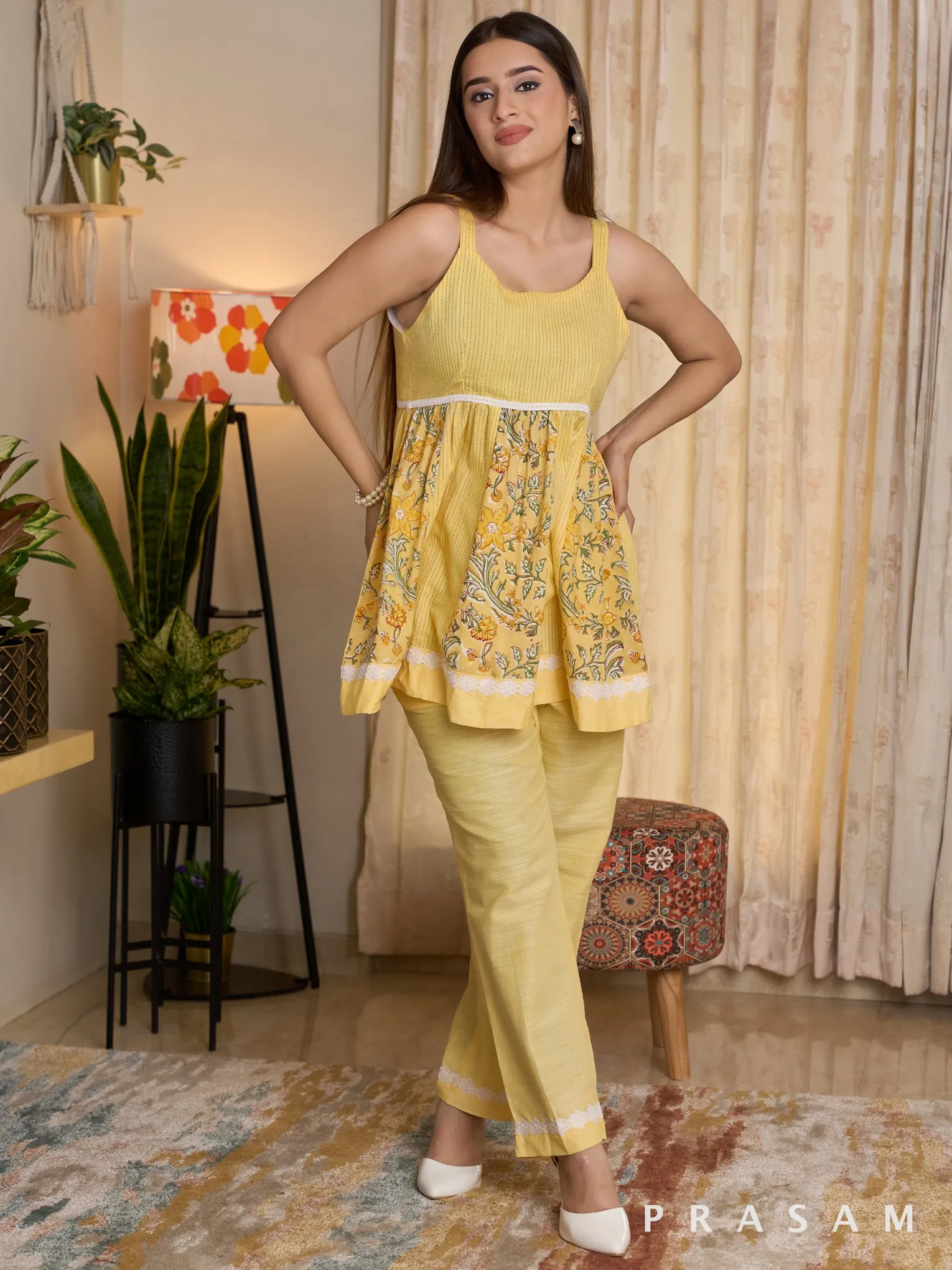 Buttercup Bliss Cotton Bagru Sleeveless Tunic Pants Set