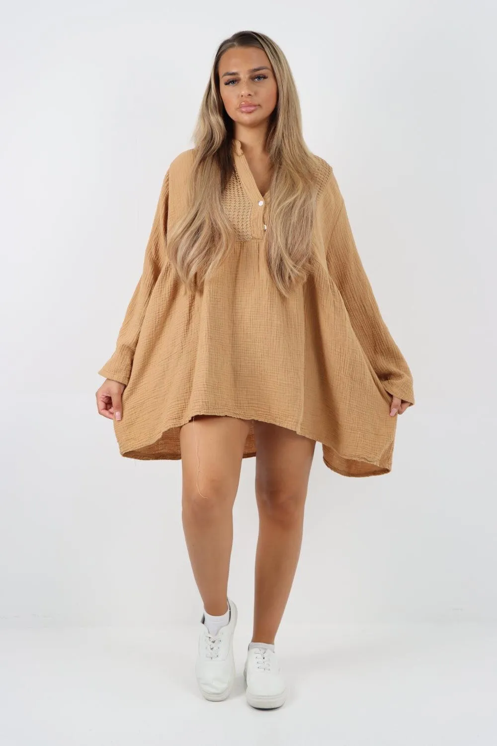 Button Down Grandad Collar Cotton Turn Up Sleeve Tunic dress
