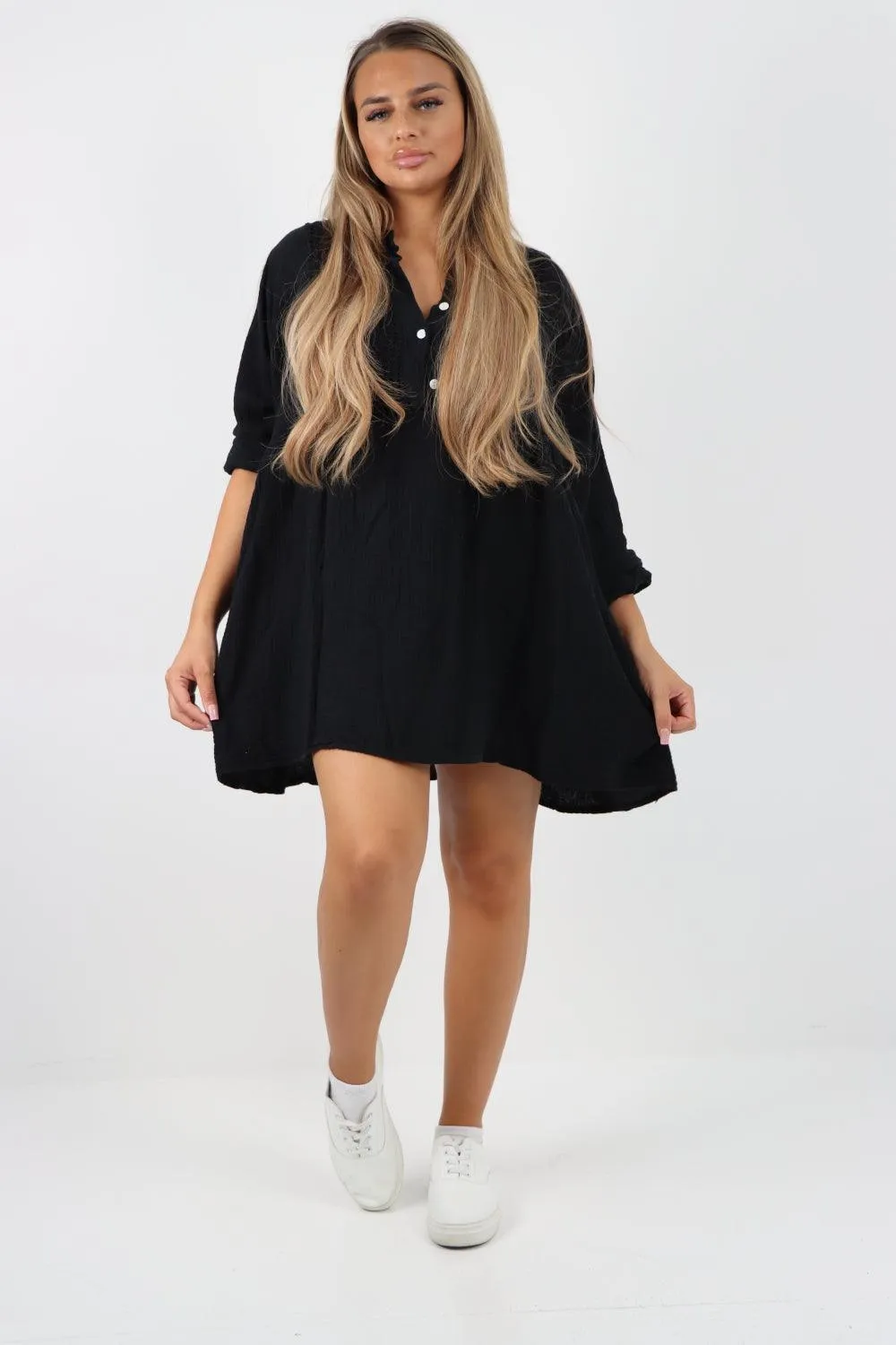 Button Down Grandad Collar Cotton Turn Up Sleeve Tunic dress