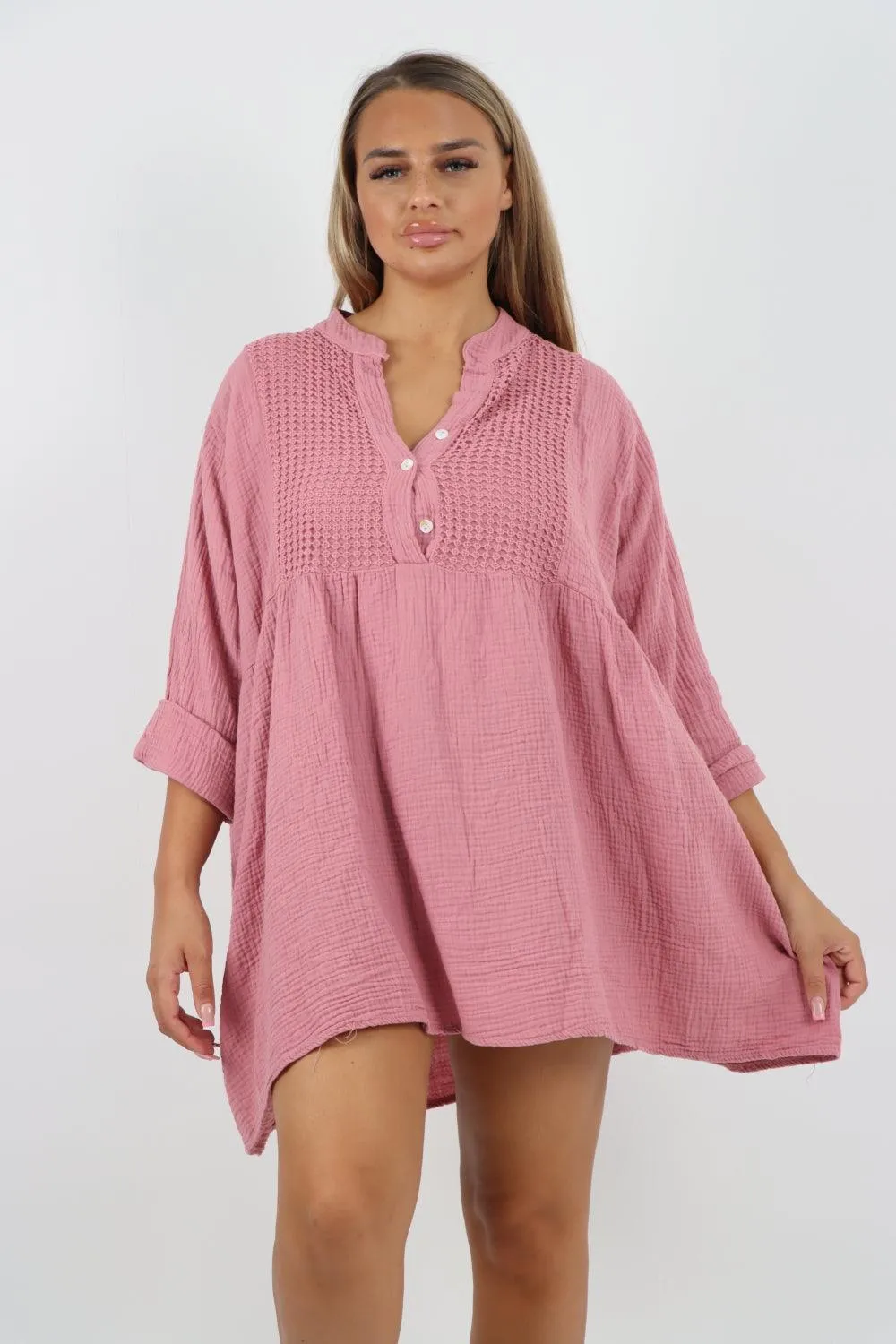 Button Down Grandad Collar Cotton Turn Up Sleeve Tunic dress