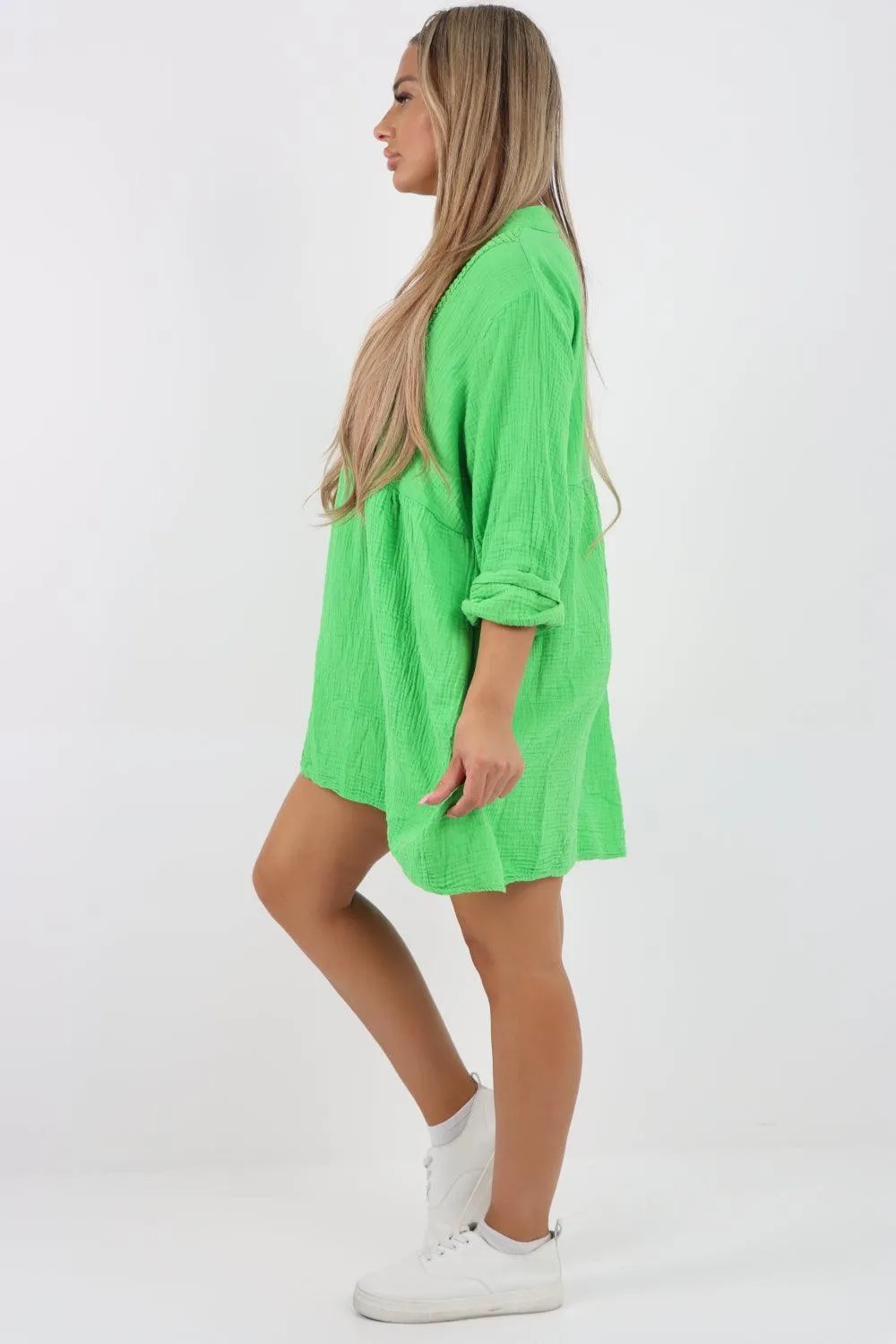 Button Down Grandad Collar Cotton Turn Up Sleeve Tunic dress