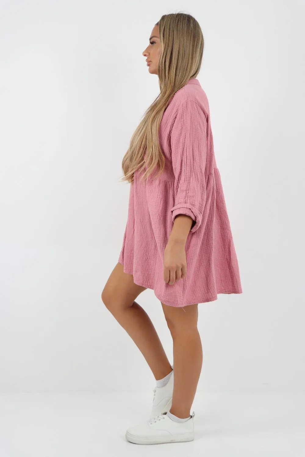 Button Down Grandad Collar Cotton Turn Up Sleeve Tunic dress