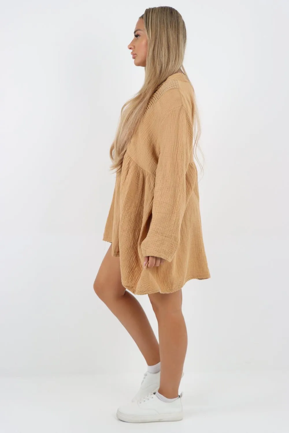 Button Down Grandad Collar Cotton Turn Up Sleeve Tunic dress