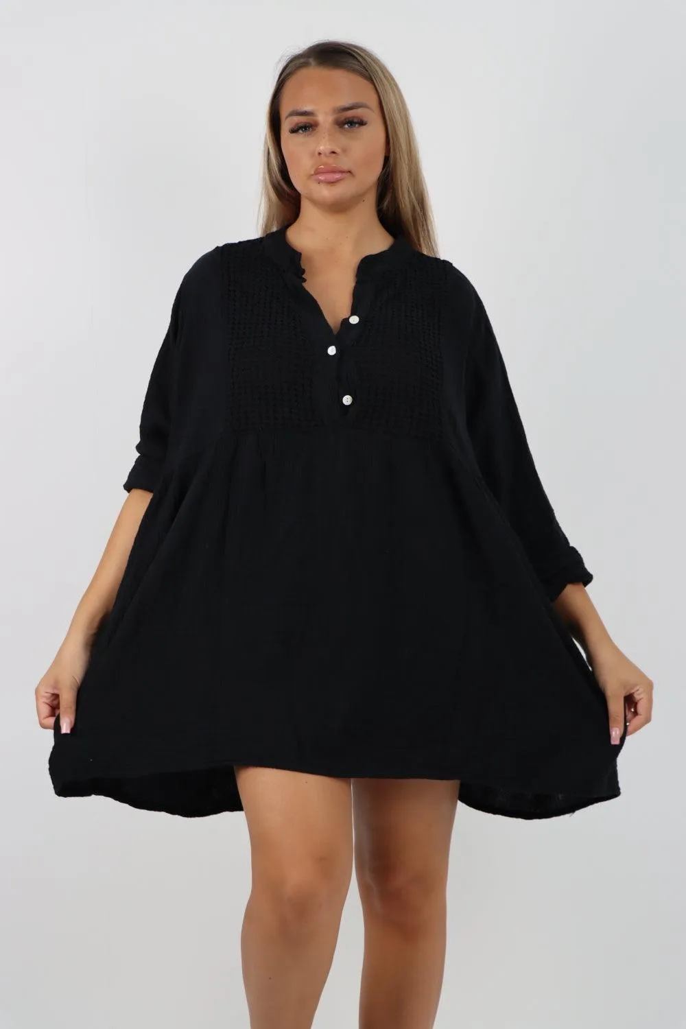 Button Down Grandad Collar Cotton Turn Up Sleeve Tunic dress