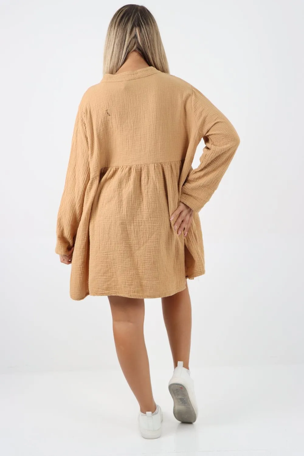 Button Down Grandad Collar Cotton Turn Up Sleeve Tunic dress