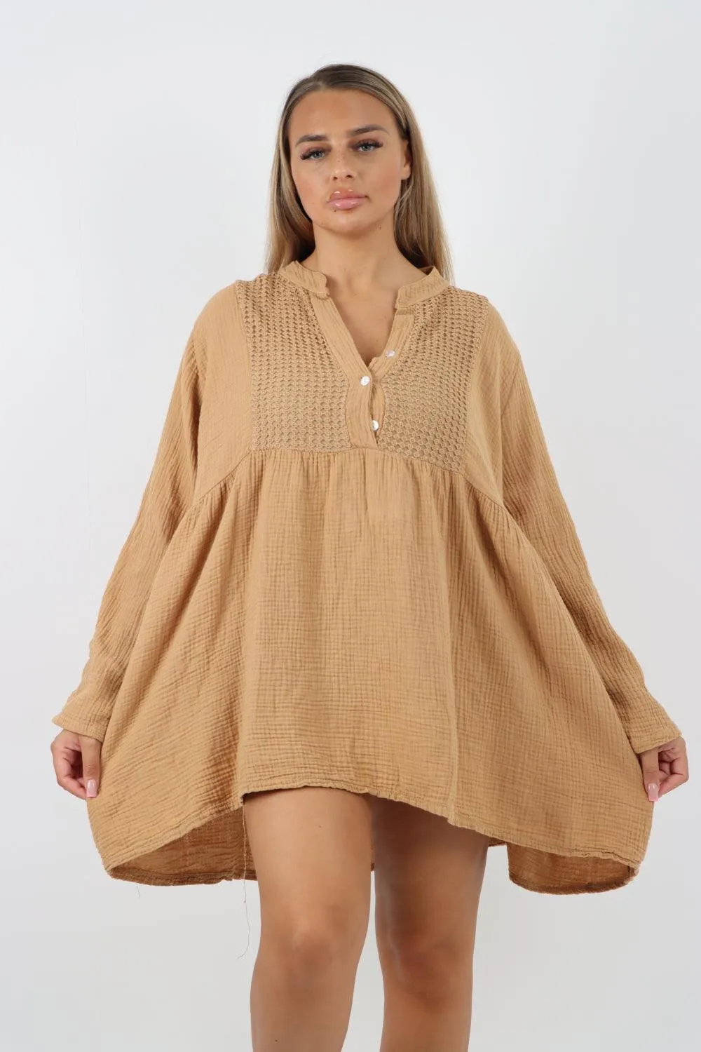 Button Down Grandad Collar Cotton Turn Up Sleeve Tunic dress