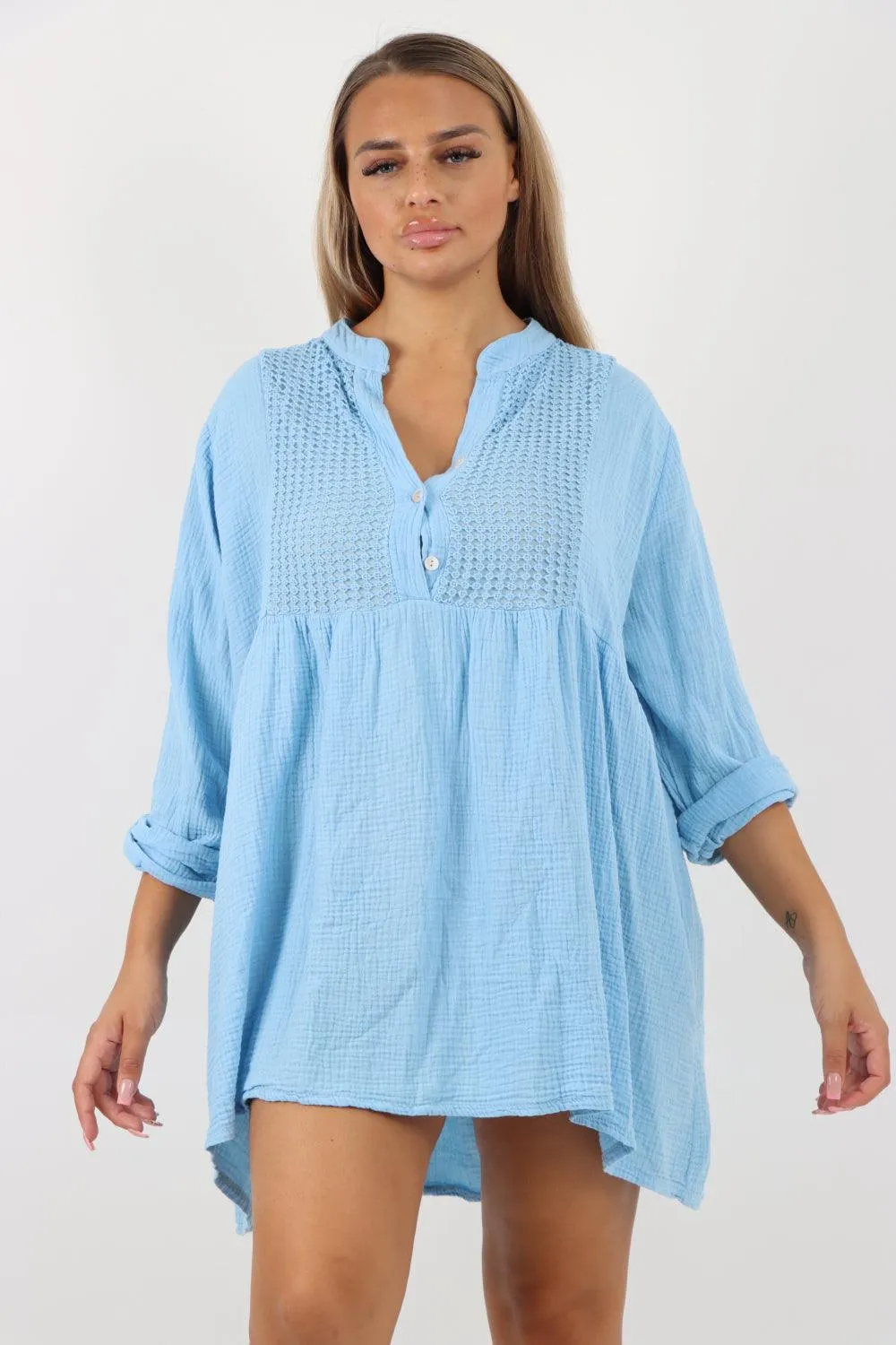 Button Down Grandad Collar Cotton Turn Up Sleeve Tunic dress