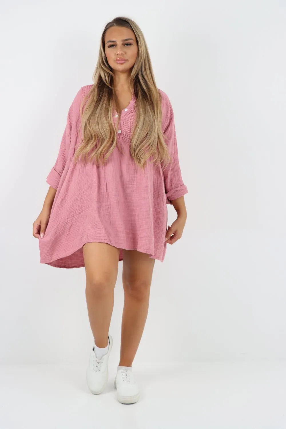 Button Down Grandad Collar Cotton Turn Up Sleeve Tunic dress