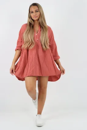 Button Down Grandad Collar Cotton Turn Up Sleeve Tunic dress