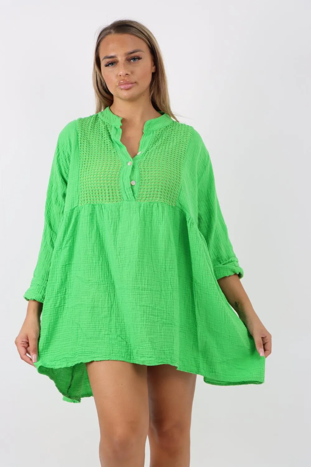 Button Down Grandad Collar Cotton Turn Up Sleeve Tunic dress