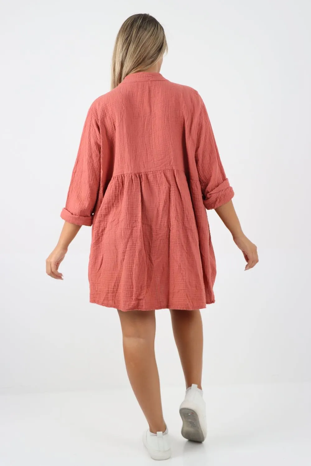 Button Down Grandad Collar Cotton Turn Up Sleeve Tunic dress