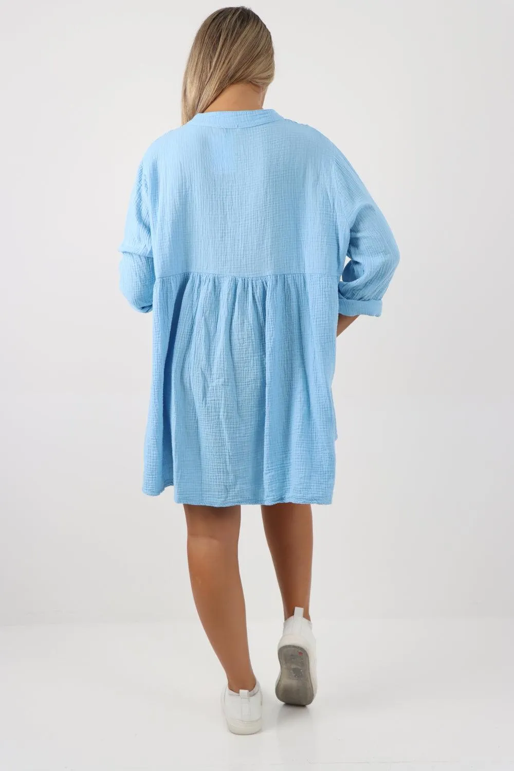 Button Down Grandad Collar Cotton Turn Up Sleeve Tunic dress