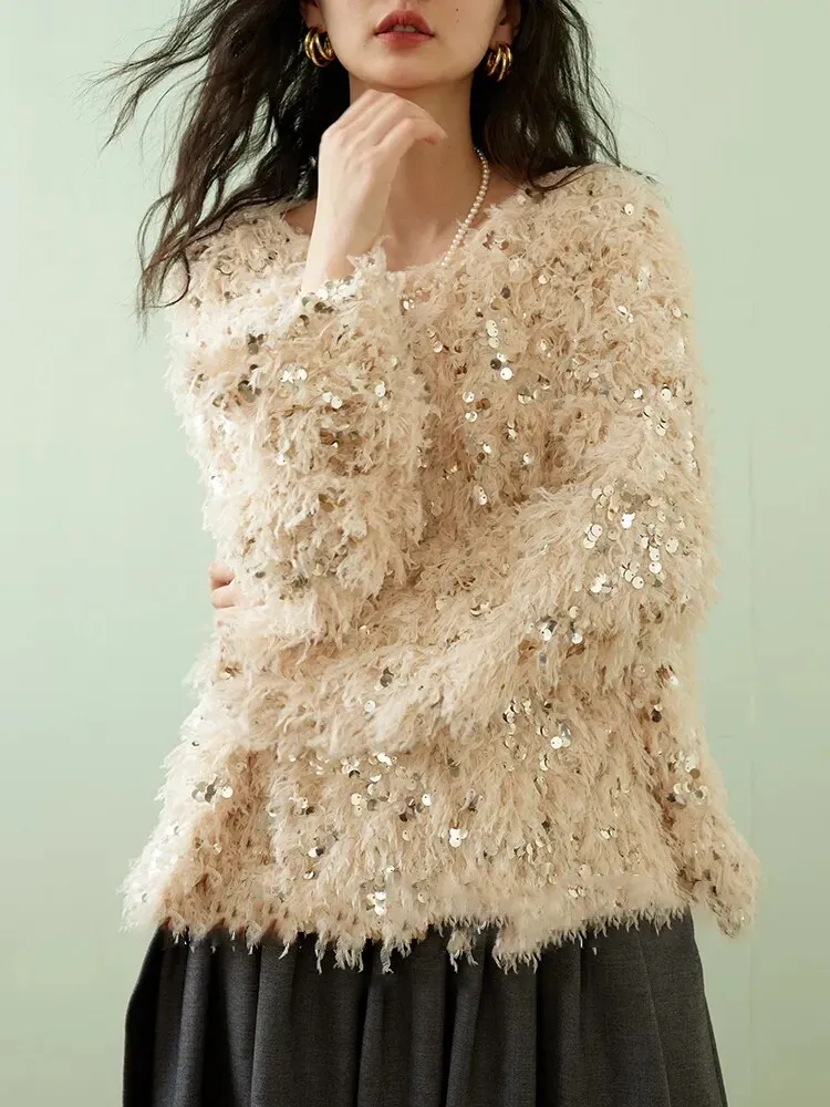 Casual Spliced Sequins Sweaters For Women Round Neck Long Sleeve Patchwork Tassel Loose Sweater Female Fashion