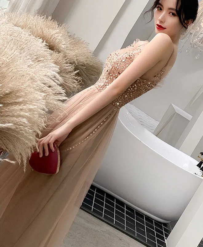 Champagne Sweetheart Tulle Beads Long Prom Dress Tulle Formal Dress