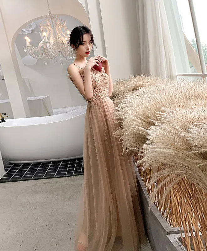 Champagne Sweetheart Tulle Beads Long Prom Dress Tulle Formal Dress