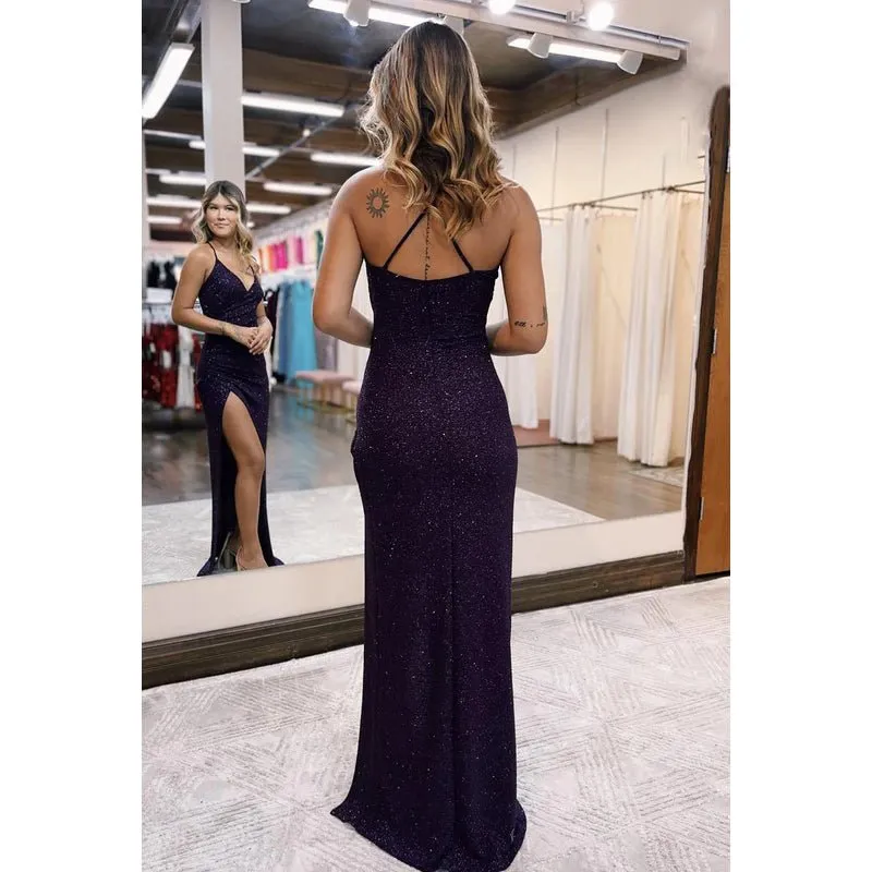 Chic & Modern Spagheti straps V-Neck Backless Sheath Slit Party Prom Dress