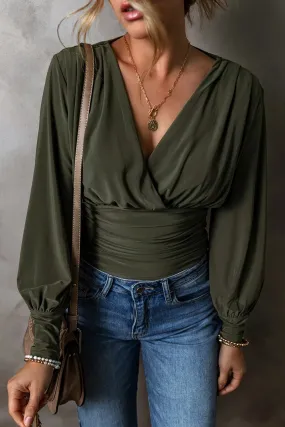 Chic Ruched Long Sleeve Bodysuit with Surplice Neckline