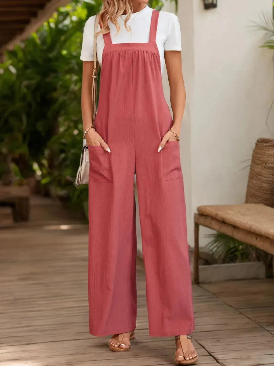 Chic Square Neck Wide Strap Overall Jumpsuit