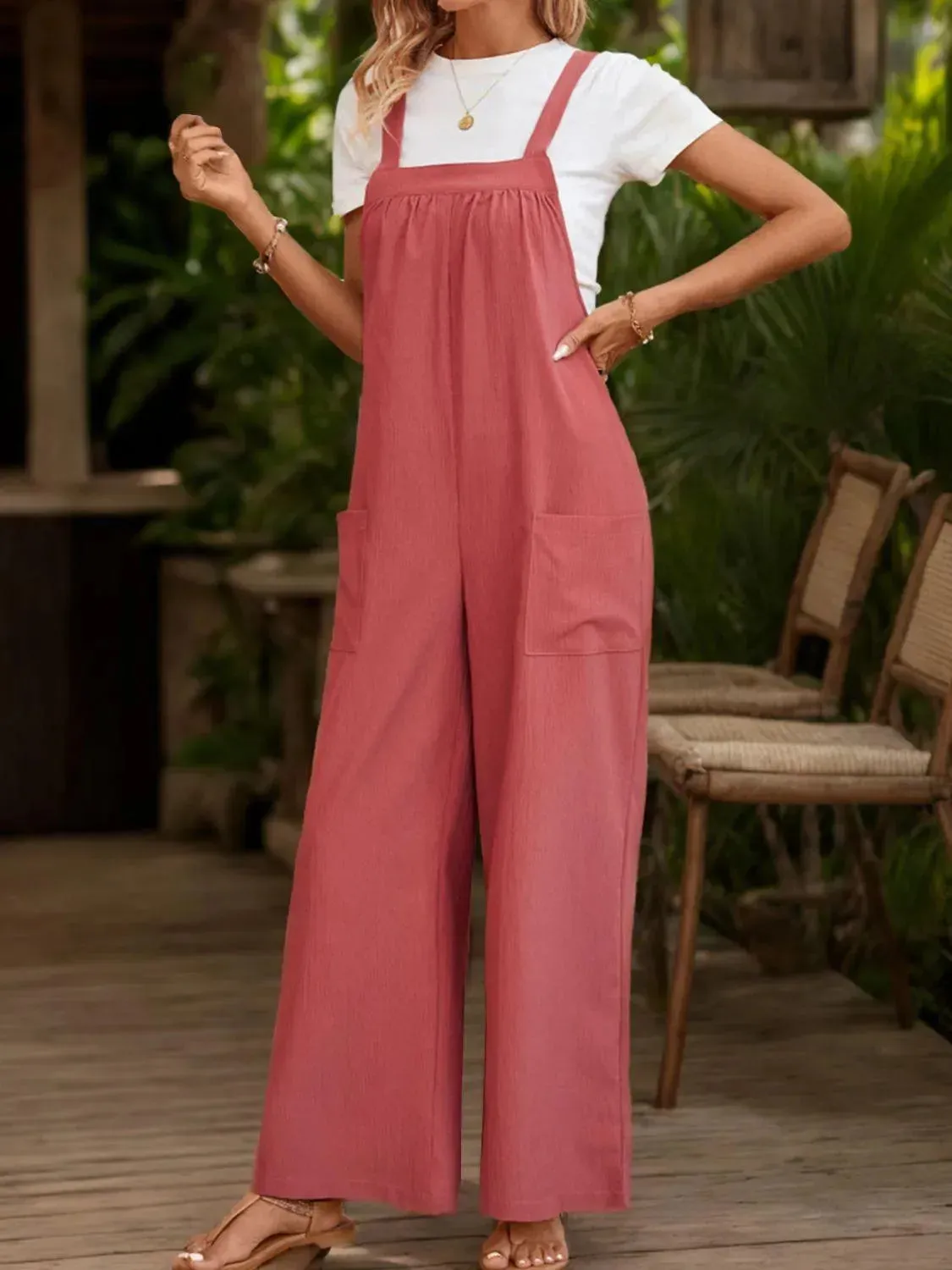 Chic Square Neck Wide Strap Overall Jumpsuit