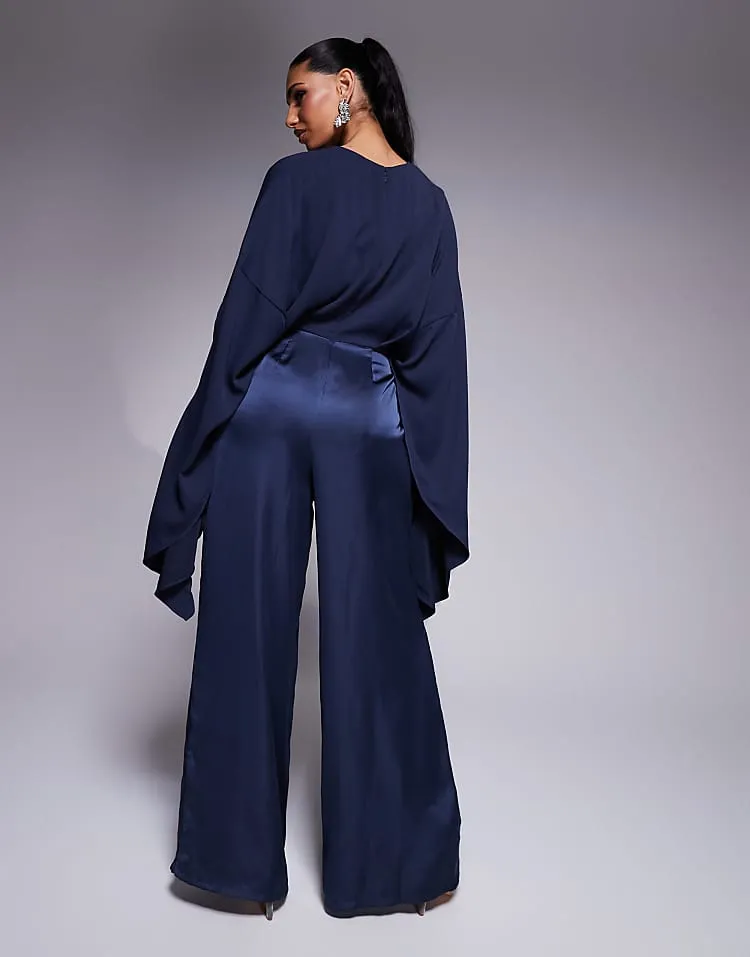 Chiffon Satin Mix Wide Leg Jumpsuit with Exaggerated Sleeves in Steel Blue