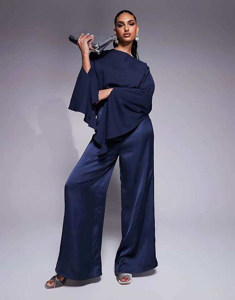 Chiffon Satin Mix Wide Leg Jumpsuit with Exaggerated Sleeves in Steel Blue