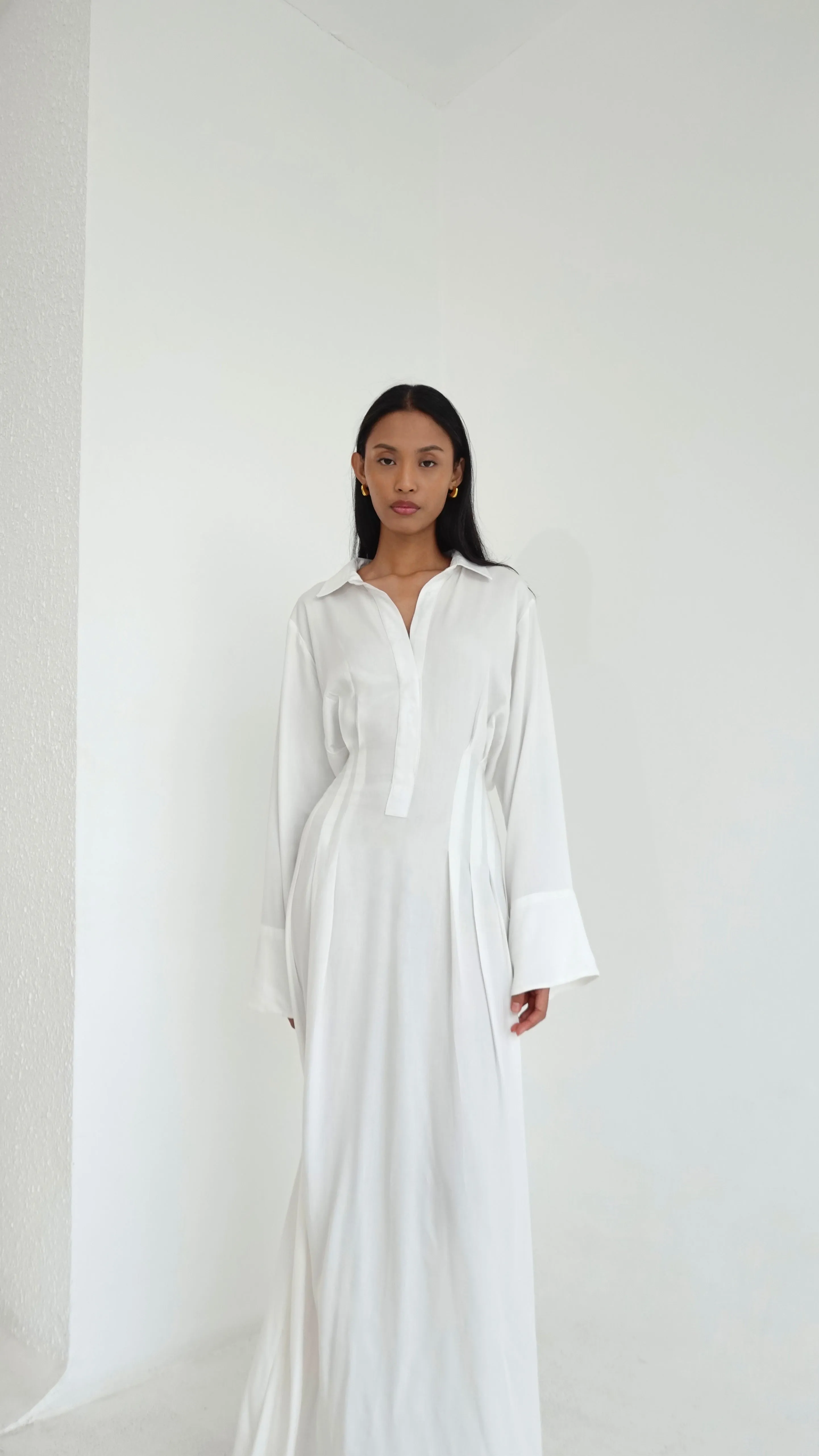 Cinched Maxi Shirt Dress in White