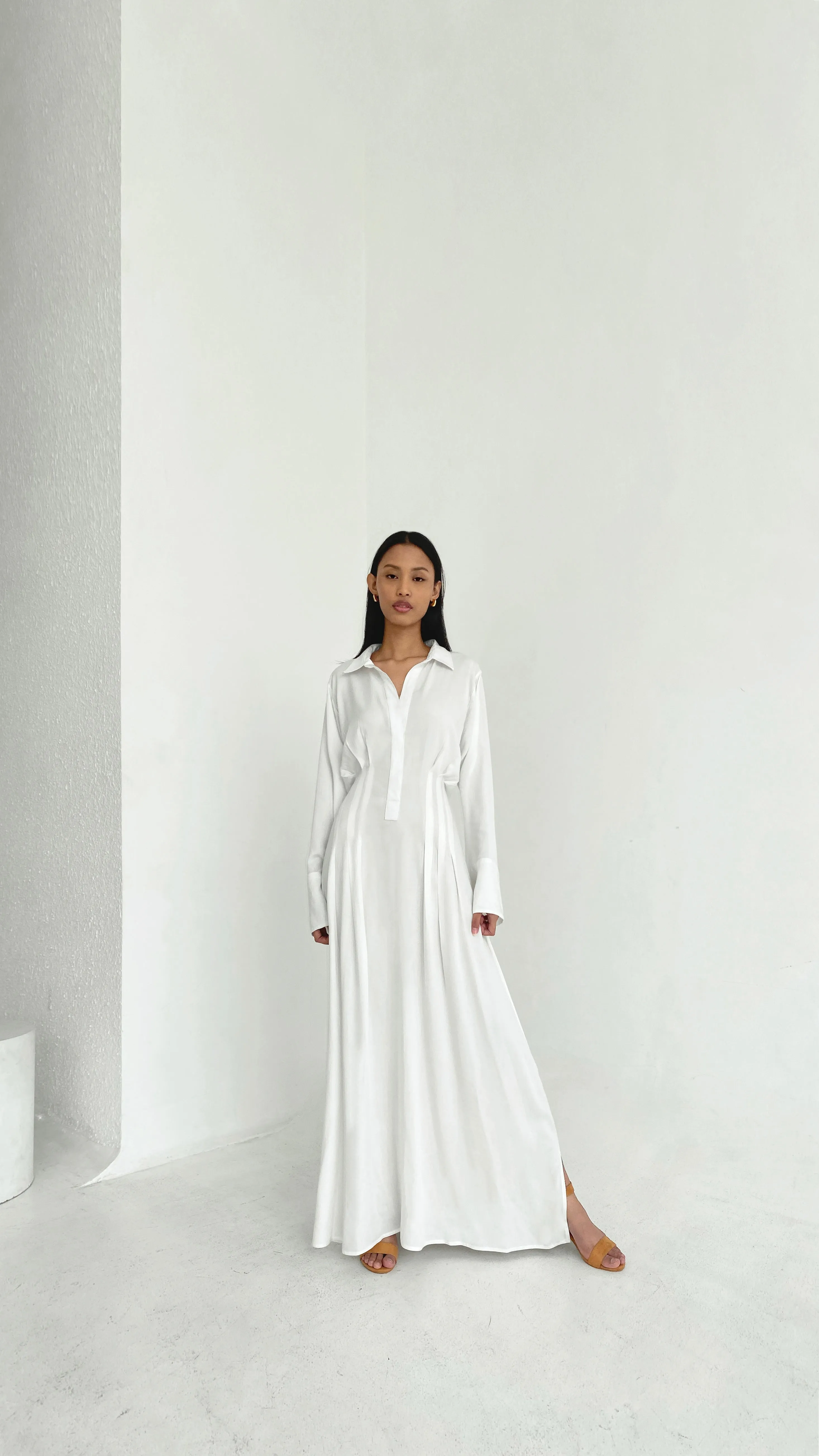 Cinched Maxi Shirt Dress in White