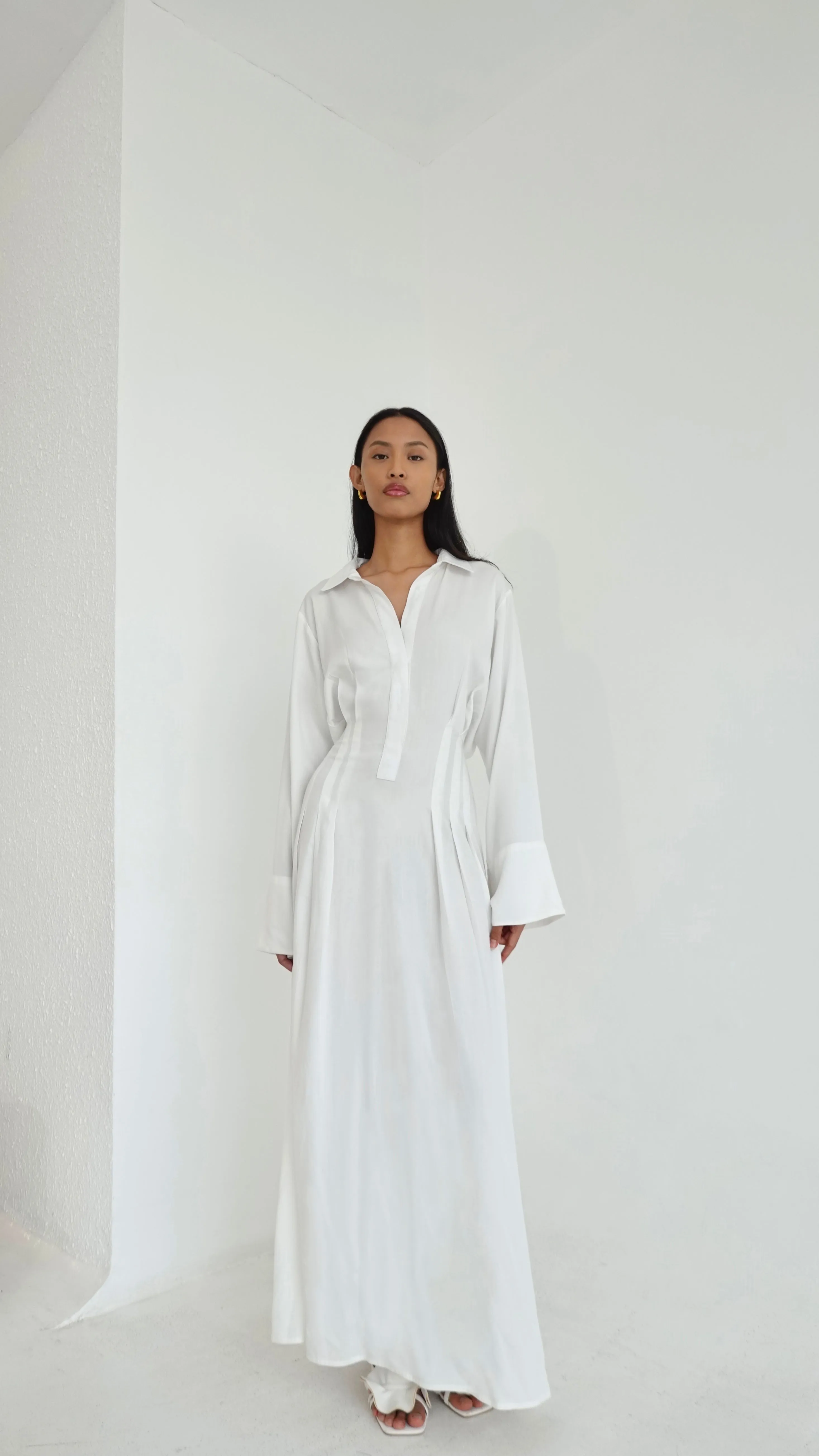 Cinched Maxi Shirt Dress in White