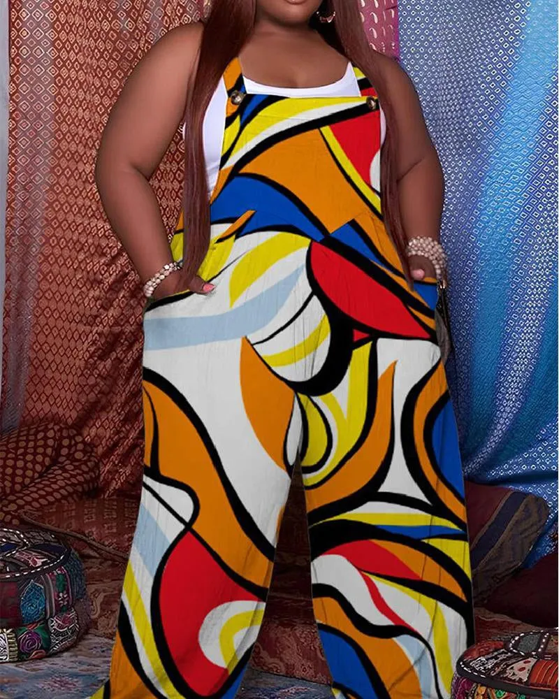 Color Blocking Geometric Retro Printed Camisole Jumpsuit