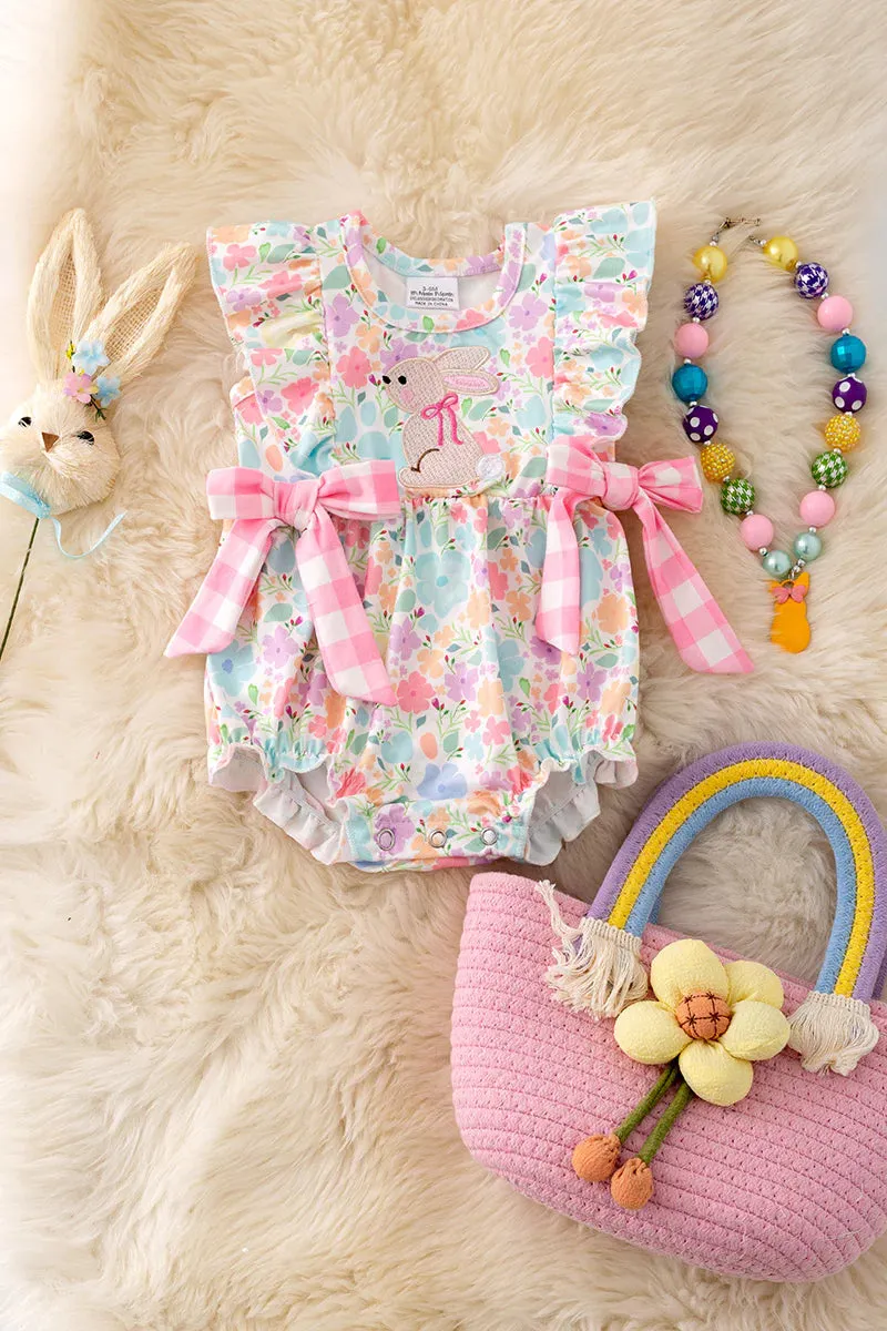 COLORFUL PRINTED FLOWERS & BUNNY APPLIQUE ROMPER.