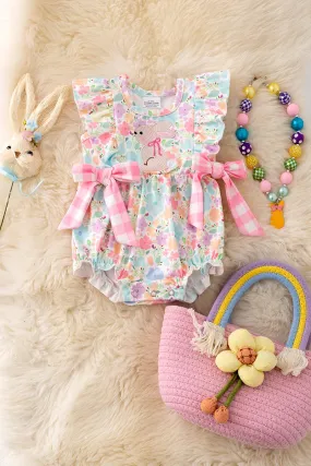 COLORFUL PRINTED FLOWERS & BUNNY APPLIQUE ROMPER.