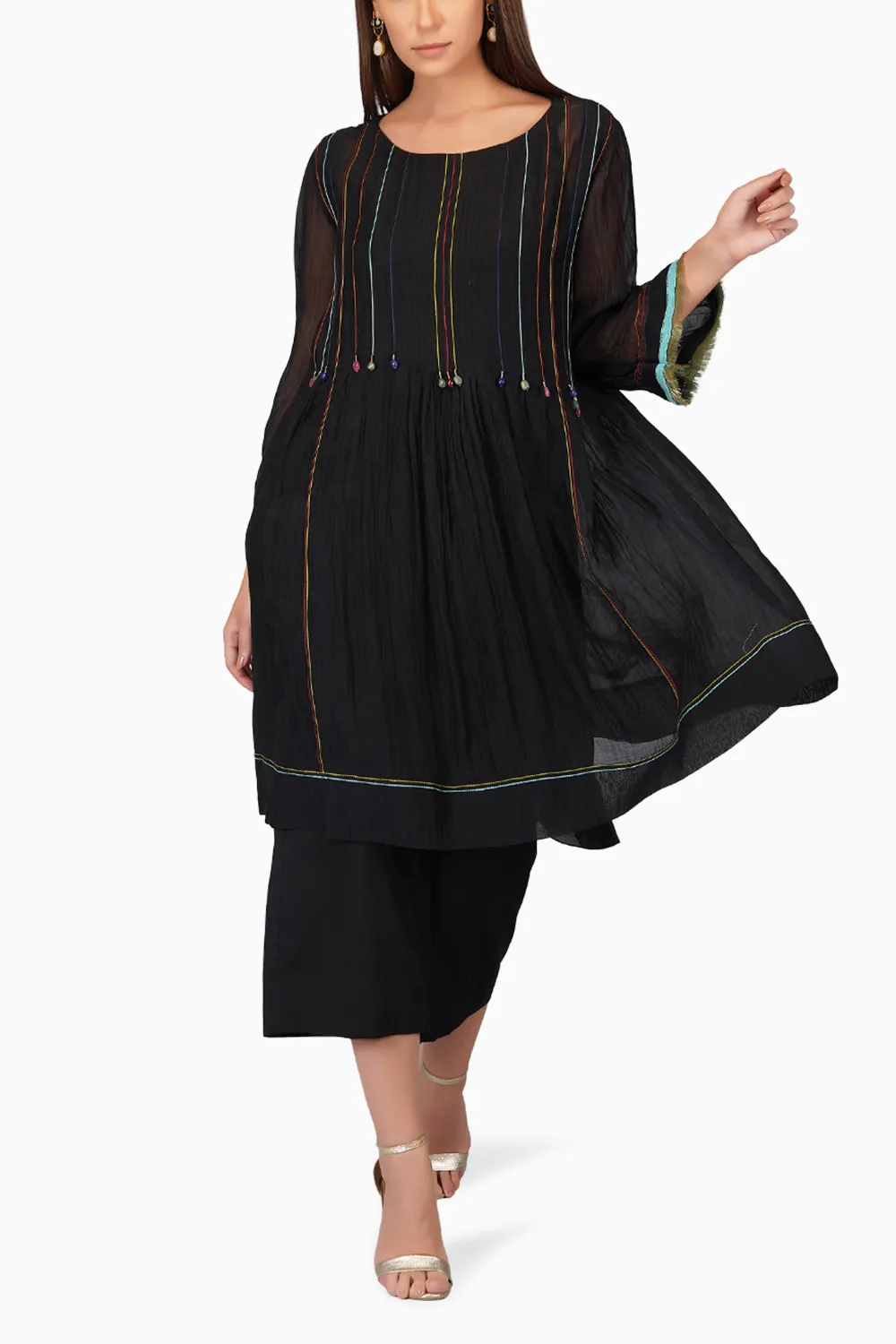 Contrast Thread Pleated Tunic Set