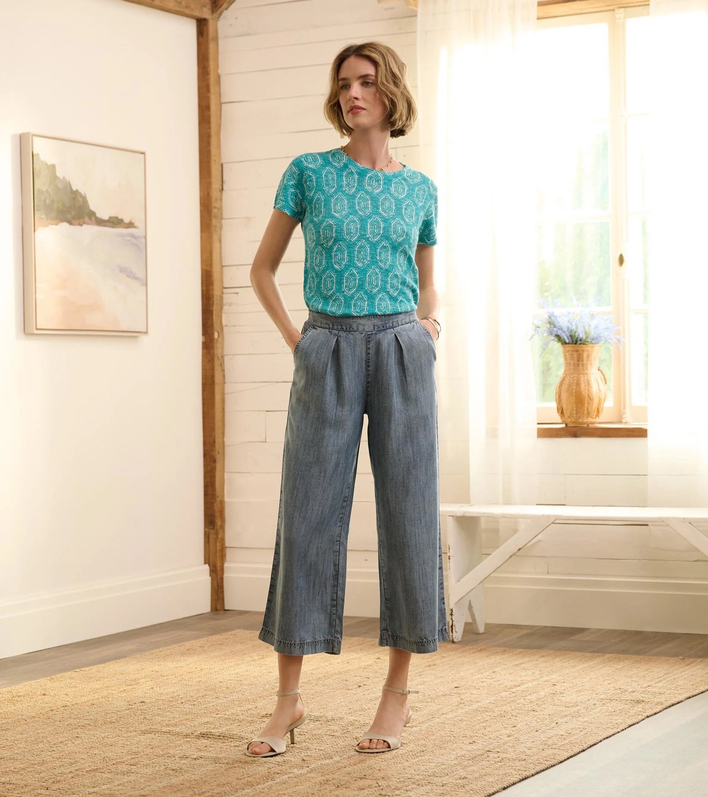 Cropped Wide Leg Trousers - Blue Acid Rinse